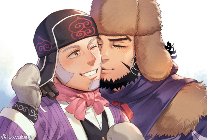 2boys ainu_clothes beard black_hair black_vest blue_eyes blush brown_eyes buzz_cut cheek_kiss couple earrings facial_hair foxvulpine fur_coat gloves goatee golden_kamuy grey_hair hoop_earrings jacket jewelry kiroranke kiss male_focus multiple_boys one_eye_closed open_clothes open_jacket purple_jacket shiraishi_yoshitake short_hair sideburns upper_body very_short_hair vest winter_clothes yaoi