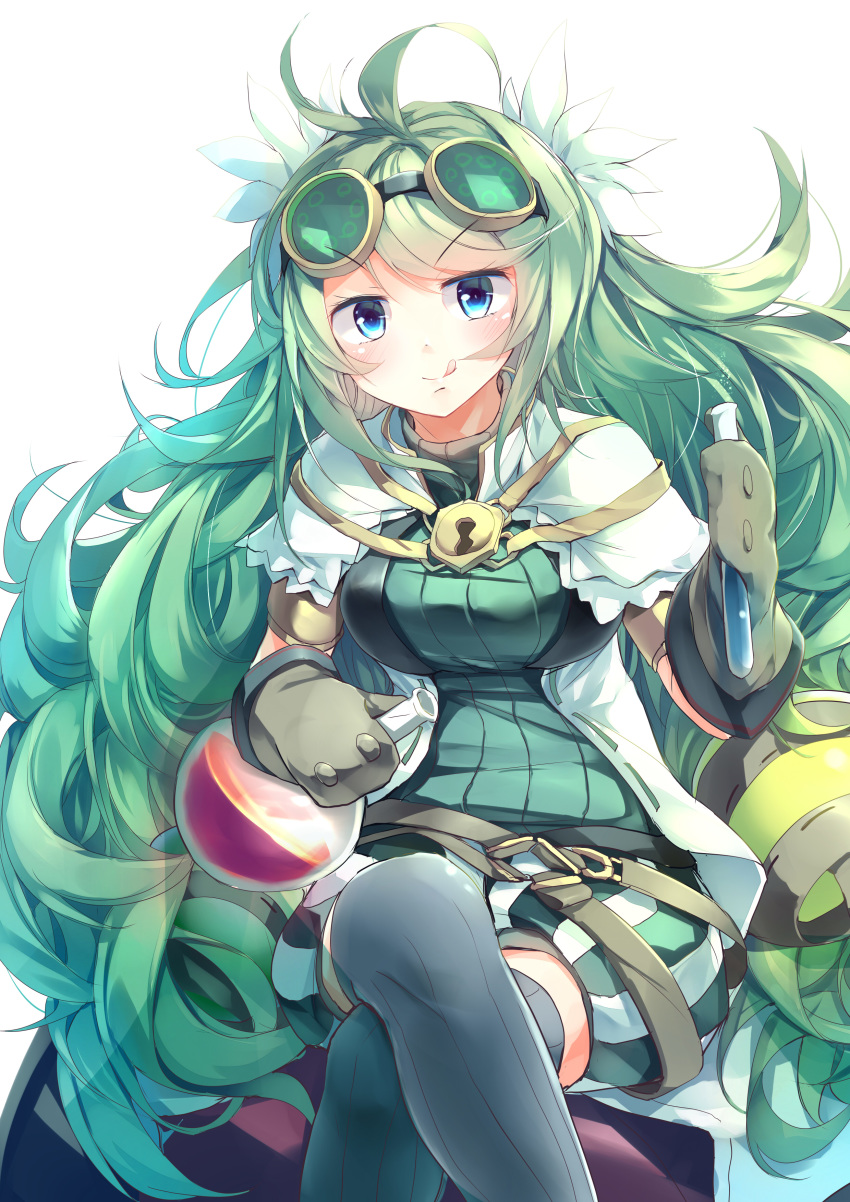 1girl :d absurdres alchemic_magician belt blue_eyes crossed_legs duel_monster feet_out_of_frame gloves goggles goggles_on_head green_hair hair_between_eyes highres holding_test_tube jacket kanzakietc lock long_hair mittens open_clothes open_jacket open_mouth puffy_shorts ribbed_sweater round-bottom_flask short_sleeves shorts sitting smile solo striped striped_shorts sweater test_tube thighhighs turtleneck vertical_stripes very_long_hair white_background yu-gi-oh!