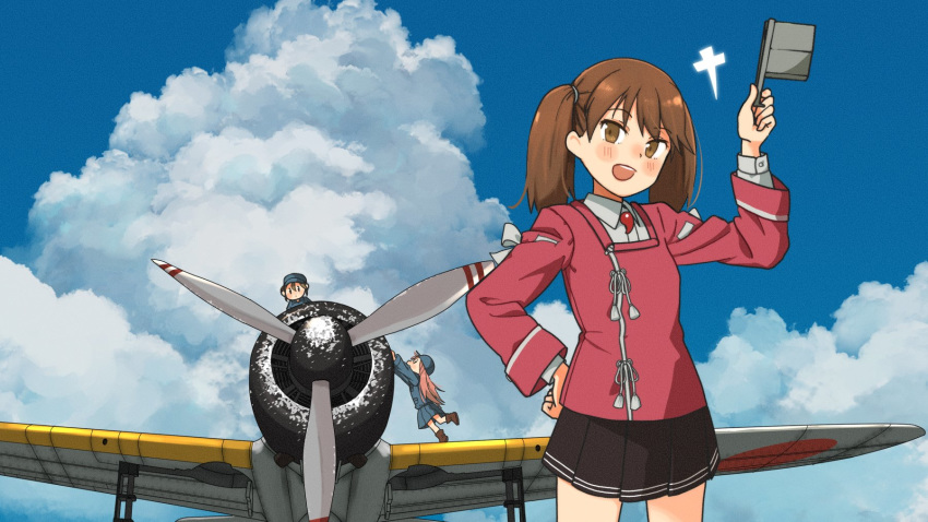 3girls :d aircraft airplane annin_musou black_hair black_skirt blush brown_eyes brown_hair cloud cloudy_sky cowboy_shot day eyebrows_visible_through_hair fairy_(kantai_collection) hair_between_eyes hat highres holding holding_clothes holding_hat japanese_clothes kantai_collection kariginu long_hair long_sleeves magatama multiple_girls open_mouth pink_hair pleated_skirt ryuujou_(kantai_collection) skirt sky smile twintails upper_teeth visor_cap