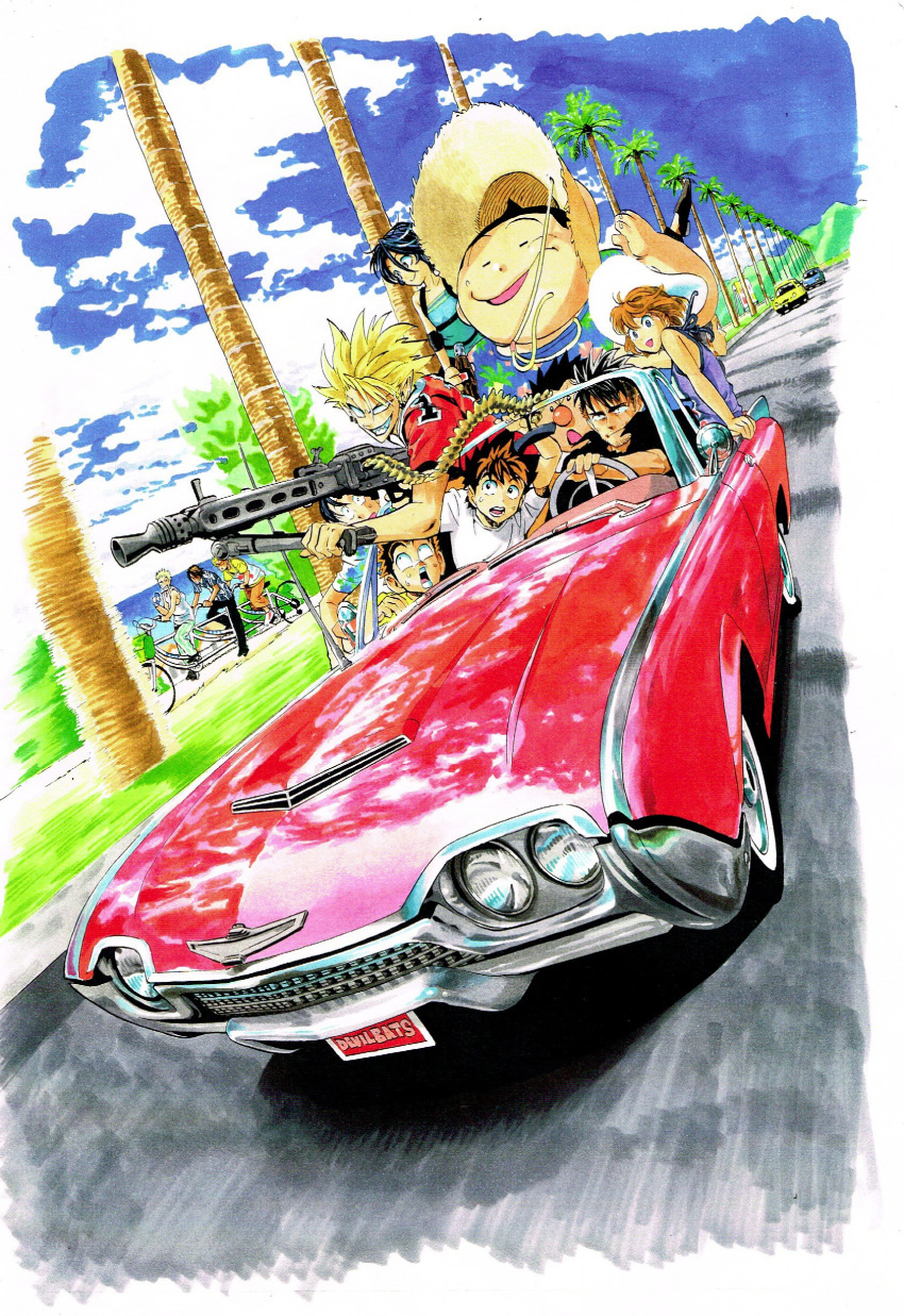 2girls 6+boys :d absurdres black_hair black_shirt blonde_hair blue_sky brown_hair car chest_harness cloud day driving dutch_angle earrings eyeshield_21 fat fat_man foreshortening grin ground_vehicle gun hair_between_eyes harness hat highres holding holding_gun holding_weapon jewelry kobayakawa_sena machine_gun motor_vehicle multiple_boys multiple_girls murata_yuusuke official_art open_mouth outdoors pointy_ears road sanpaku scan shirt sky smile straw_hat sweat traditional_media weapon white_headwear wide-eyed