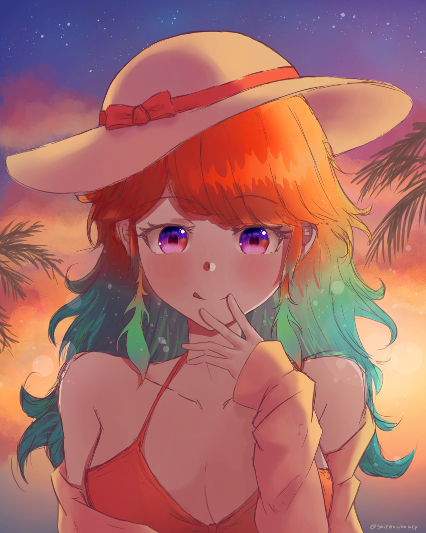 absurdres artist_name bare_shoulders blush breasts collarbone feathers hat highres hololive hololive_english light_particles looking_at_viewer md5_mismatch multicolored_hair palm_tree resolution_mismatch shaded_face shironekokfp smile source_smaller sunset swimsuit takanashi_kiara tree