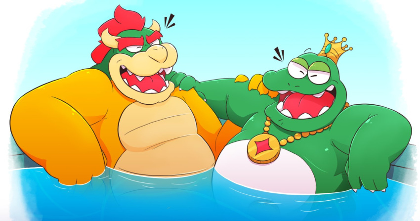 2020 anthro bathing belly bowser crown duo eyes_closed green_body horn koopa laugh leonthelionel male mario_bros nintendo overweight overweight_male scalie teeth toony video_games wart_(mario) water