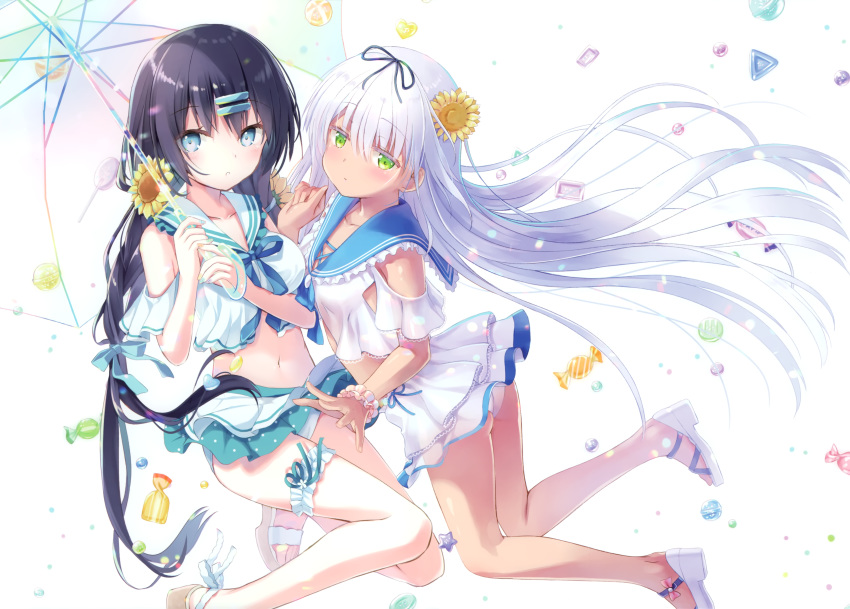 2girls aqua_eyes ass black_hair candy gray_eyes kinoko5123 long_hair na-ga navel original panties scan twintails umbrella underwear white white_hair