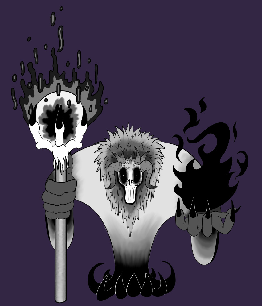 absurd_res animal_humanoid anthro biped bovid bovid_humanoid caprine caprine_demon caprine_humanoid cloak clothed clothing demon digital_drawing_(artwork) digital_media_(artwork) elemental_manipulation fingers fire fire_manipulation fur hi_res horn humanoid kepper_of_the_black_flame magic magic_user mammal mammal_humanoid simple_background solo staff unknowndegenerate