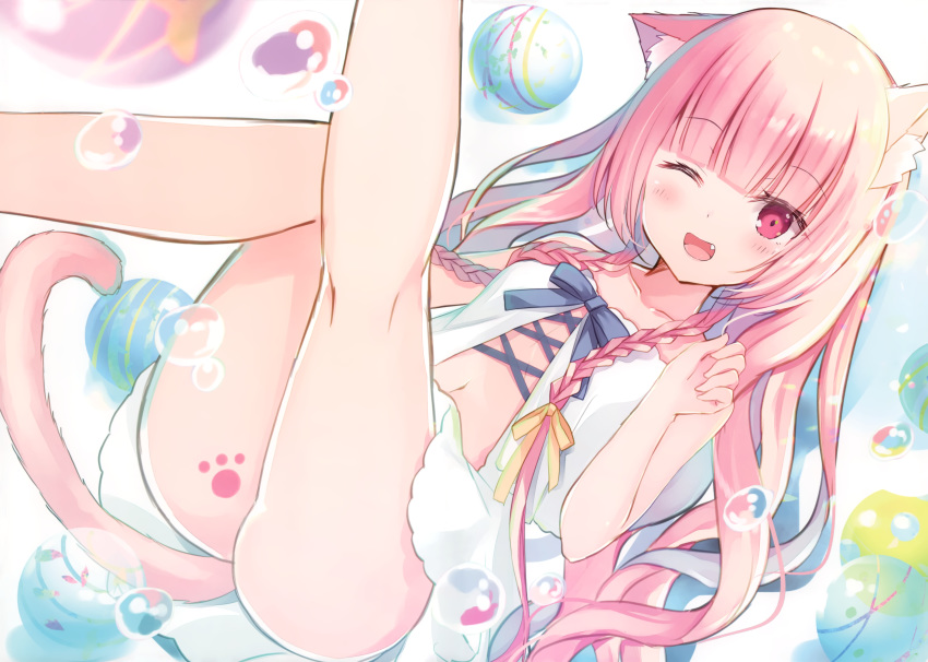 animal_ears blush catgirl fang kinoko5123 long_hair original pink_eyes pink_hair scan tail water