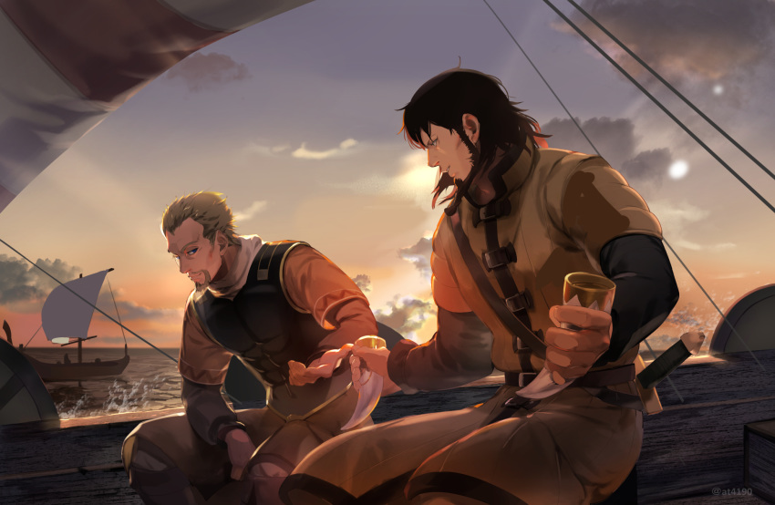 askeladd bjorn_(vinland_saga) black_hair blonde_hair cloud drinking_horn highres ocean sailing ship short_hair sunset viking viking_longship vinland_saga watercraft