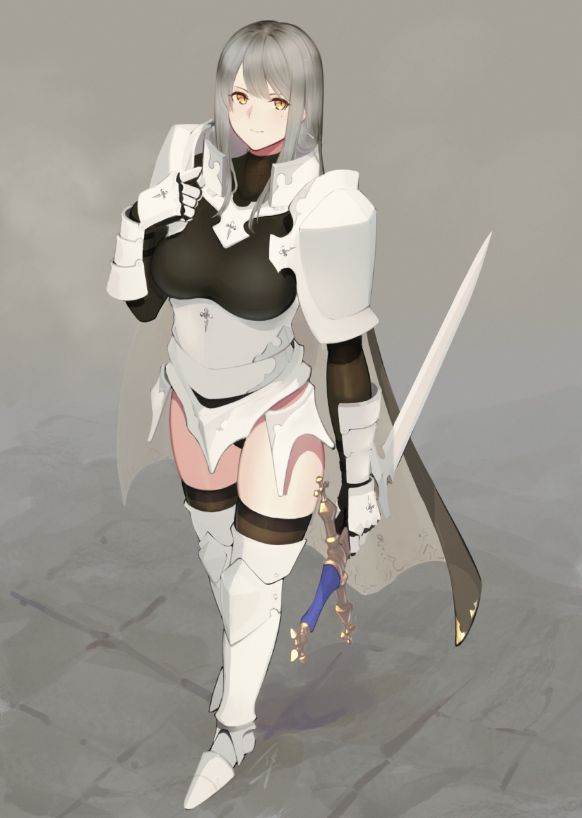 1girl armor blush breasts brown_legwear cape clip_studio_paint_(medium) faulds full_body gauntlets grey_cape grey_hair hand_up hayabusa highres holding holding_sword holding_weapon large_breasts latin_cross long_hair looking_at_viewer metal_boots mole mole_under_eye orange_eyes original pauldrons reverse_grip shoulder_armor solo standing sword thighhighs two-sided_cape two-sided_fabric underbust weapon white_cape