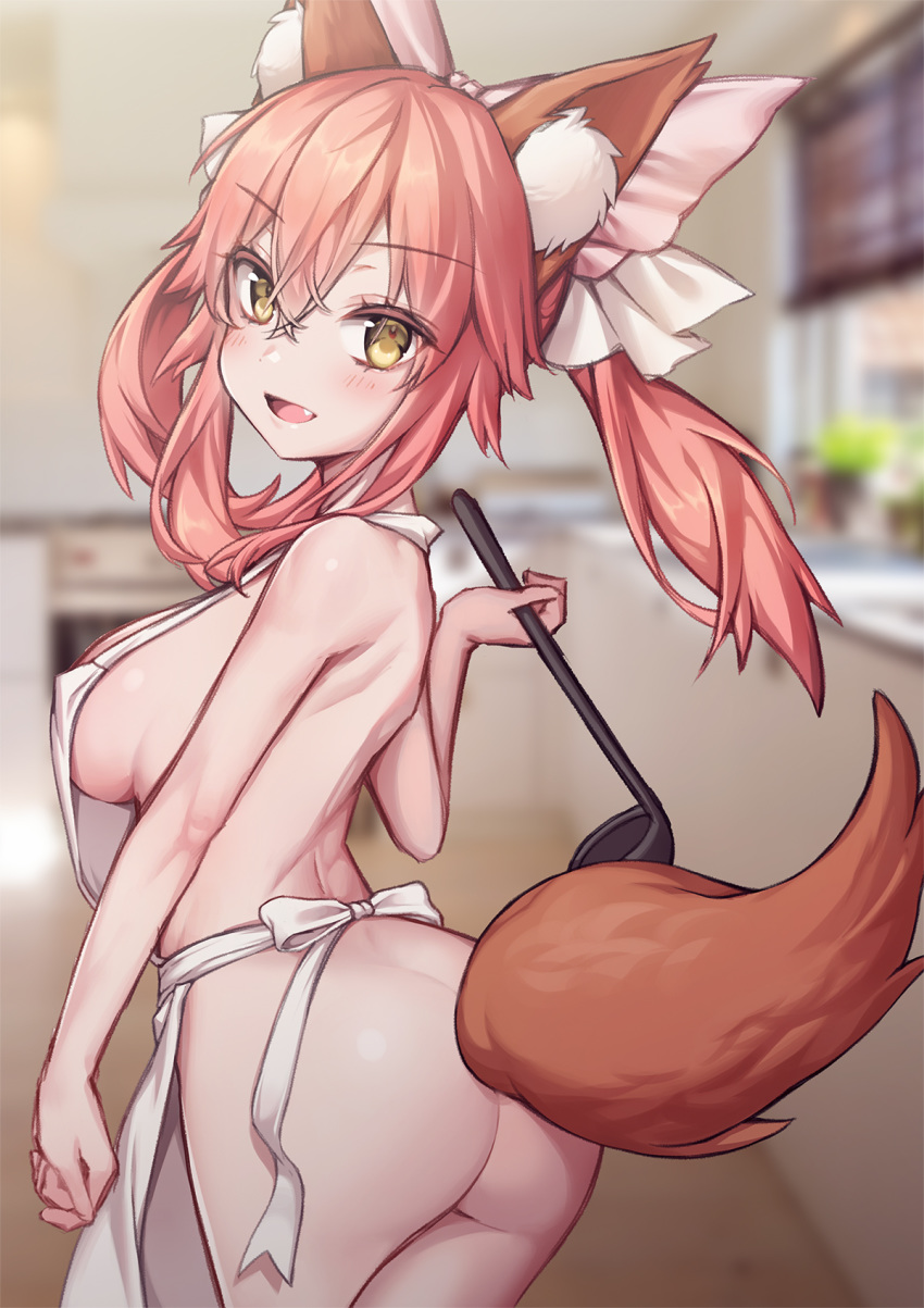 1girl animal_ear_fluff animal_ears apron artist_request ass blush breasts fang fate/extella fate/extra fate/extra_ccc fate/grand_order fate_(series) fox_ears fox_girl fox_tail highres indoors kitchen large_breasts looking_at_viewer naked_apron nude open_mouth pink_hair ribbon sideboob solo tail tamamo_(fate)_(all) tamamo_no_mae_(fate) white_apron white_ribbon yellow_eyes