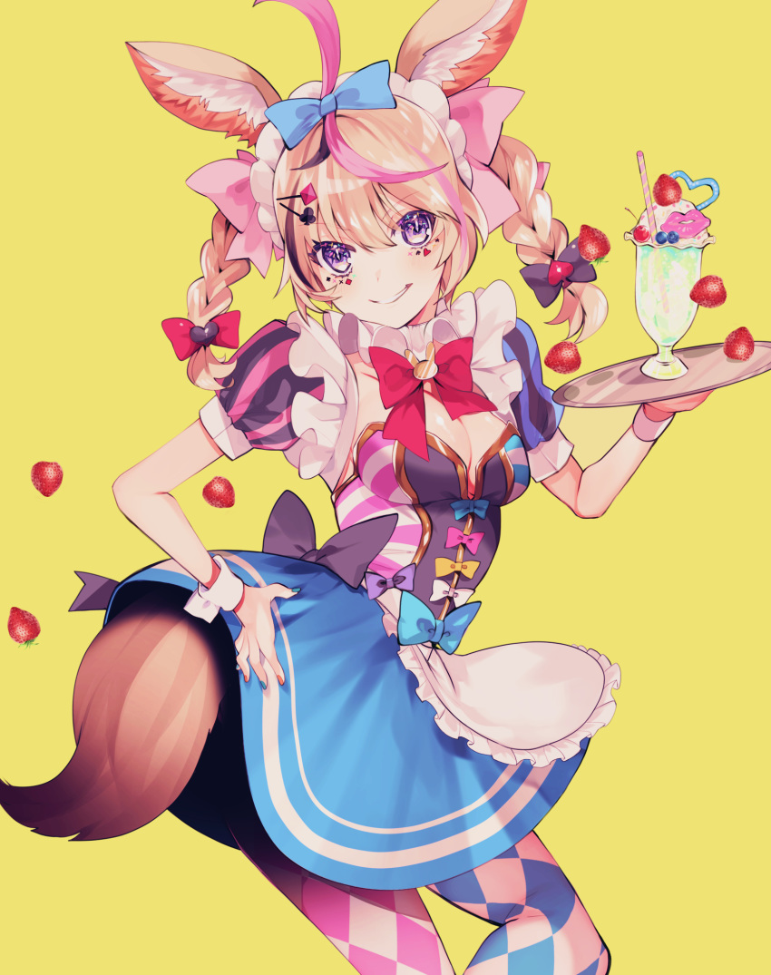 1girl adapted_costume ahoge alternate_costume alternate_hairstyle animal_ears apron argyle argyle_legwear blonde_hair blue_nails blueberry bow bowtie braid breasts cherry cleavage cowboy_shot drinking_straw fingernails food fox_ears fox_tail fruit grin hand_on_own_ass highres holding holding_tray hololive looking_at_viewer maid_headdress mayana_(bbpp) medium_breasts multicolored multicolored_nails nail_polish omaru_polka pantyhose parfait playing_card_theme purple_eyes red_nails short_sleeves simple_background skirt skirt_lift smile smirk solo strawberry striped_sleeves tail thighhighs tray twin_braids twintails waitress wrist_cuffs yellow_background