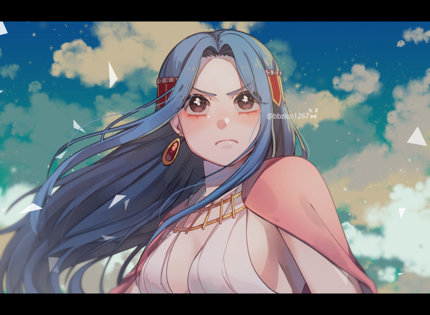 1girl apron bbzico1267 blue_hair blush breasts brown_eyes cleavage cloud dress earrings jewelry large_breasts letterboxed long_hair nefertari_vivi one_piece sky solo twitter_username