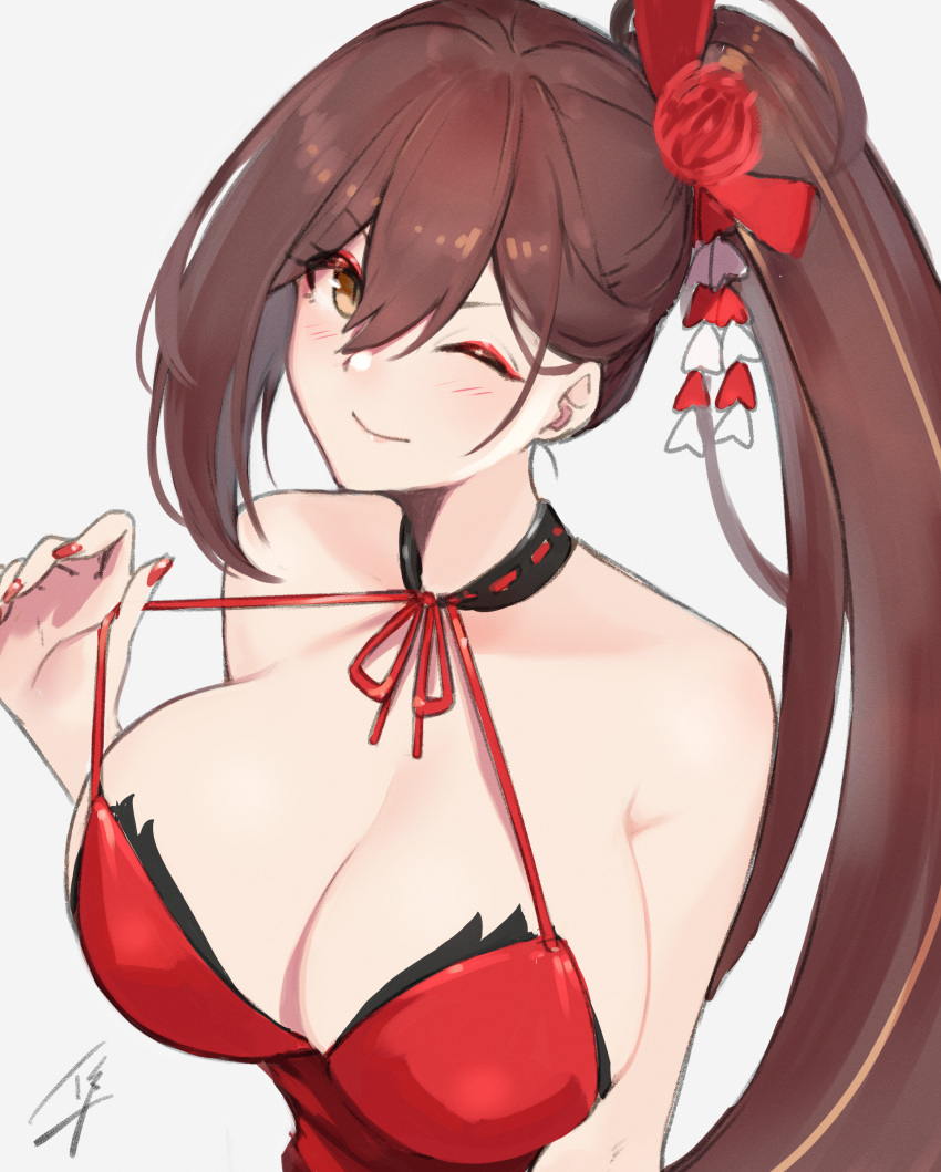 1girl azur_lane bare_shoulders blush bow breasts brown_eyes brown_hair cleavage closed_mouth eyeliner fingernails flower hair_between_eyes hair_bow hair_flower hair_ornament hand_up hayabusa highres large_breasts long_hair looking_at_viewer makeup neck_ribbon one_eye_closed ponytail red_flower red_nails red_neckwear red_ribbon ribbon signature simple_background smile solo upper_body very_long_hair white_background zuikaku_(azur_lane)