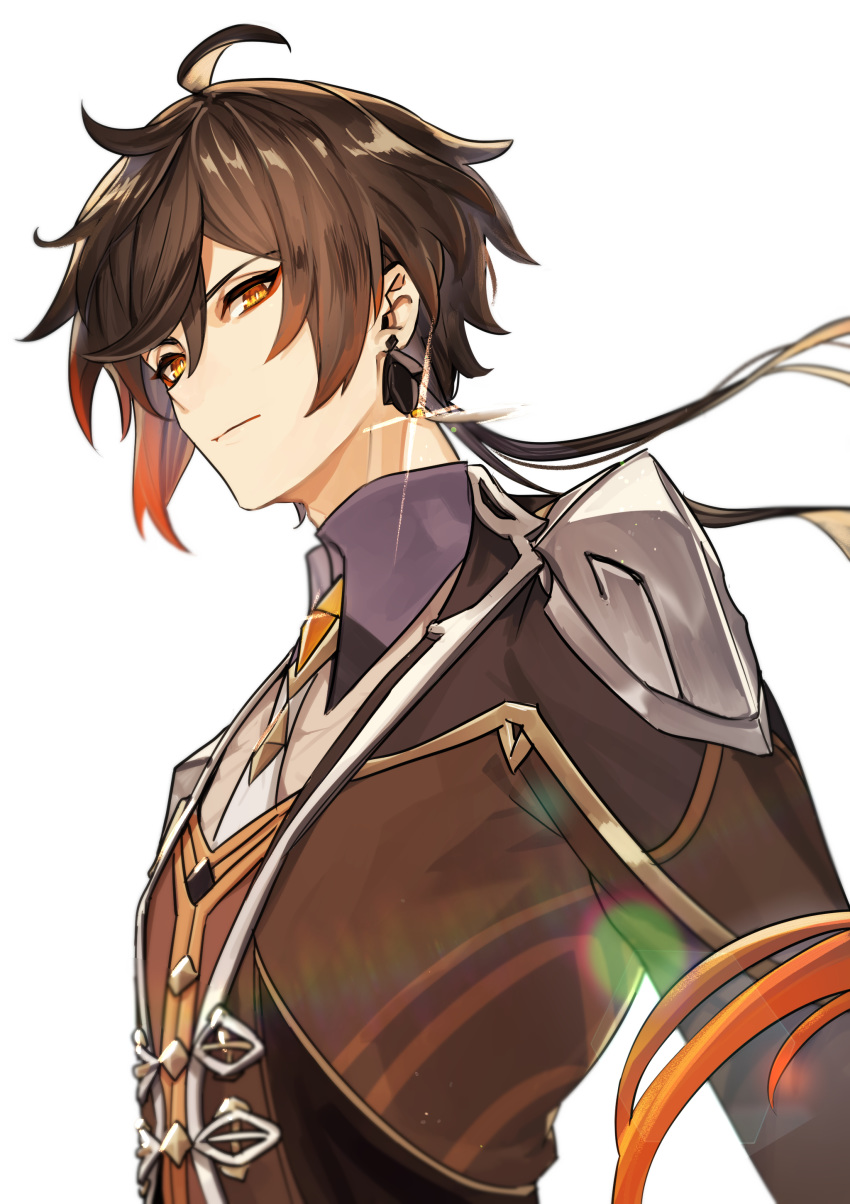 1boy absurdres bangs black_hair brown_hair closed_mouth formal genshin_impact hair_between_eyes highres jacket jewelry long_hair looking_at_viewer makita_(homosapiensu) male_focus multicolored_hair ponytail simple_background single_earring solo sparkle suit white_background yellow_eyes zhongli_(genshin_impact)