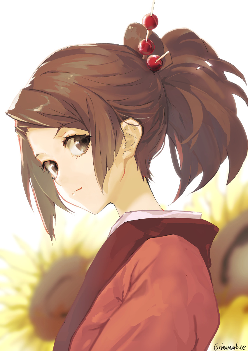 1girl absurdres blurry blurry_background brown_hair chamu_(chammkue) closed_mouth eyebrows_visible_through_hair flower from_side fuu hair_ornament hair_stick highres japanese_clothes kimono pink_kimono ponytail samurai_champloo short_hair solo sunflower twitter_username upper_body yellow_flower