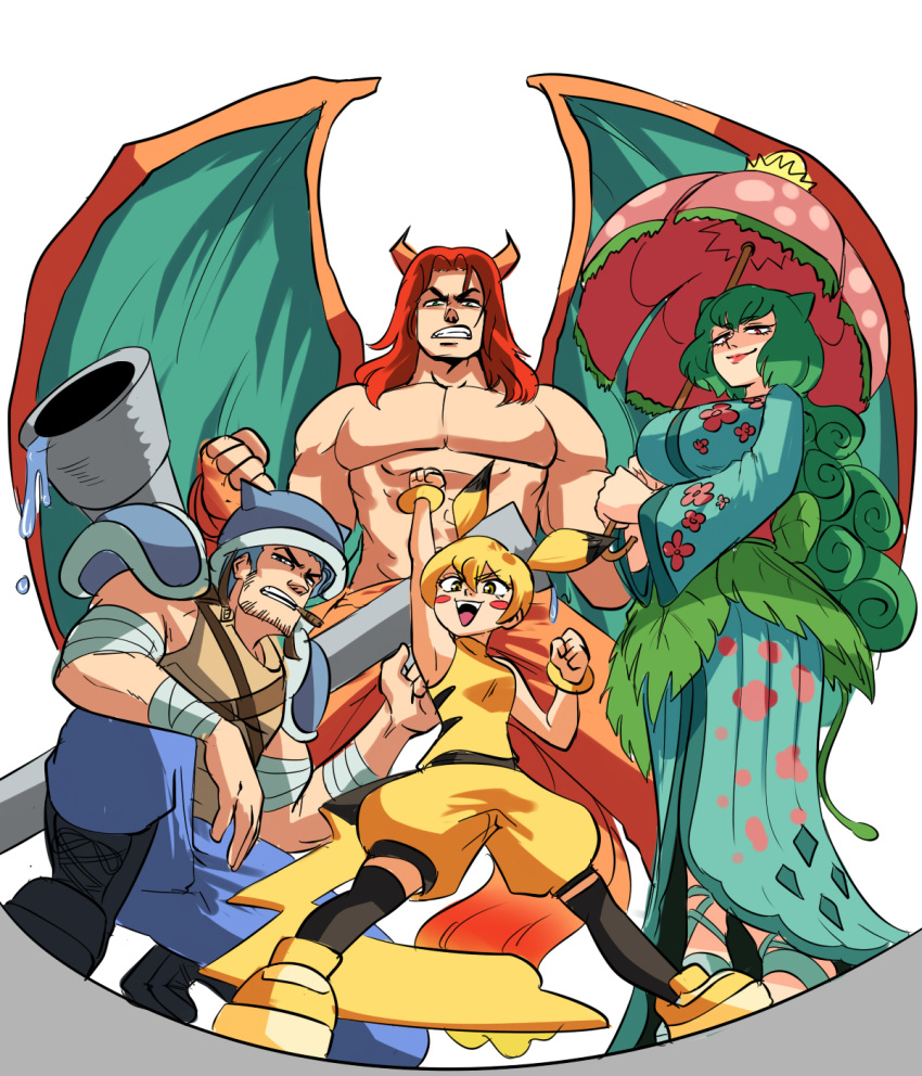 2boys 2girls abs animal_ears arm_rest arm_up armor armpits baggy_shorts bandaged_arm bandaged_wrist bandages bangs blastoise blonde_hair blue_hair blush_stickers boots bracelet breastplate breasts charizard child cigar clenched_hands clenched_teeth commentary curly_hair dragon_boy dragon_horns dragon_wings dripping english_commentary eyebrows_visible_through_hair facial_hair fingerless_gloves fisheye from_below full_body gen_1_pokemon gloves green_eyes half-closed_eyes hand_up height_difference helmet highres holding holding_umbrella horns japanese_clothes jewelry kimono kneehighs large_breasts leaf lipstick long_hair long_sleeves looking_at_viewer makeup mouth_hold multiple_boys multiple_girls muscle no_nipples one_knee open_mouth outstretched_arm over_shoulder pants parasol pectorals personification pikachu pokemon pokemon_(game) pokemon_rgby pose red_eyes red_hair shirt shirtless shoes short_hair shorts shoulder_armor sleeveless sleeveless_shirt smile spread_legs standing tail teeth tina_fate umbrella v-shaped_eyebrows venusaur very_long_hair water weapon weapon_on_back wide_sleeves wings yellow_eyes