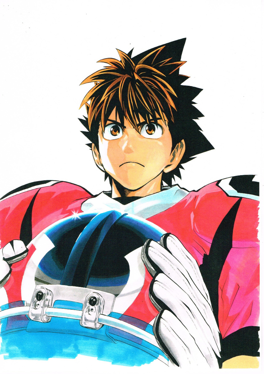 1boy brown_eyes brown_hair closed_mouth eyeshield_21 football_helmet football_uniform foreshortening gloves hair_between_eyes helmet highres holding holding_helmet kobayakawa_sena murata_yuusuke official_art red_shirt scan serious shirt shoulder_pads simple_background solo spiked_hair sportswear traditional_media upper_body white_background