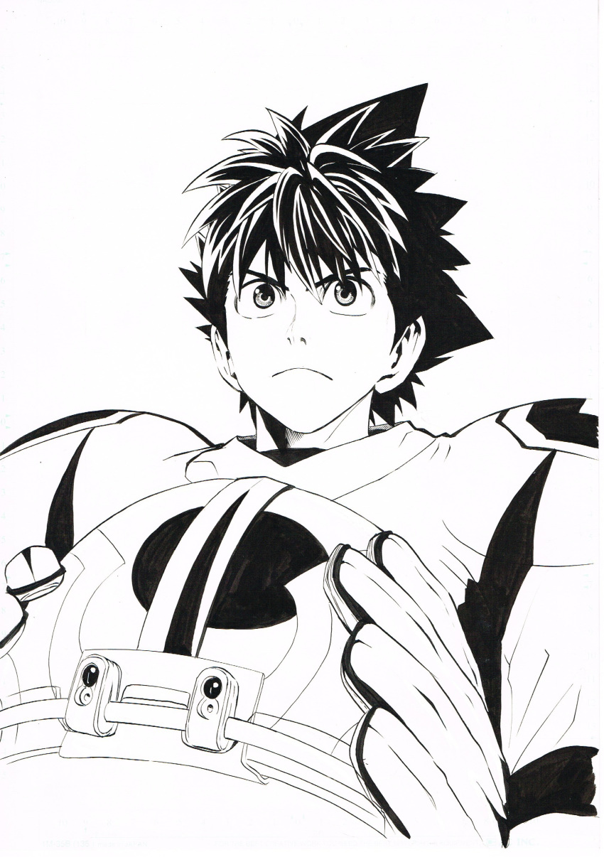 1boy absurdres closed_mouth eyeshield_21 football_helmet football_uniform foreshortening gloves greyscale hair_between_eyes helmet highres holding holding_helmet kobayakawa_sena monochrome murata_yuusuke official_art scan serious shirt shoulder_pads simple_background solo spiked_hair sportswear traditional_media upper_body white_background