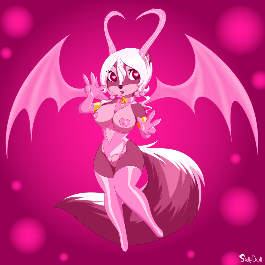 &lt;3 &lt;3_eyes 1:1 absurd_res anthro breasts diana_rayablanca female fur hair hi_res looking_at_viewer mammal mephitid pasties signature simple_background skeletonguys-and-ragdolls skunk solo tongue tongue_out white_hair