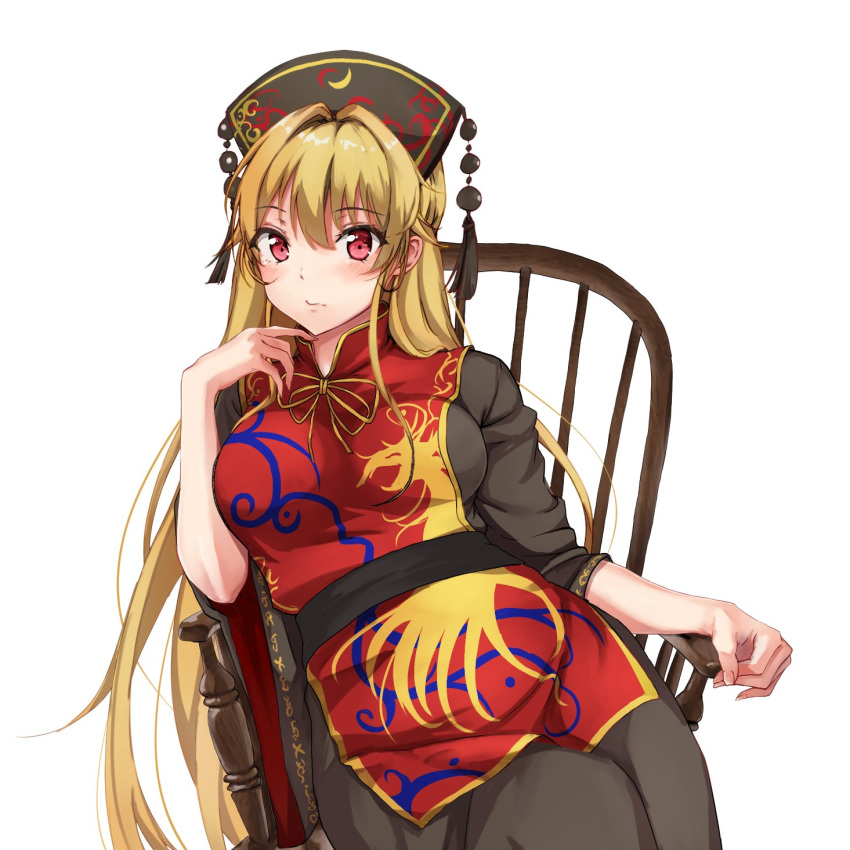 1girl amagi_(amagi626) arm_rest black_dress black_headwear blonde_hair blush breasts chair closed_mouth dress eyebrows_visible_through_hair feet_out_of_frame finger_to_chin hair_between_eyes headdress highres junko_(touhou) large_breasts leaning_to_the_side long_hair looking_at_viewer red_eyes ribbon simple_background sitting sleeves_past_elbows solo tabard tassel touhou very_long_hair white_background yellow_neckwear yellow_ribbon