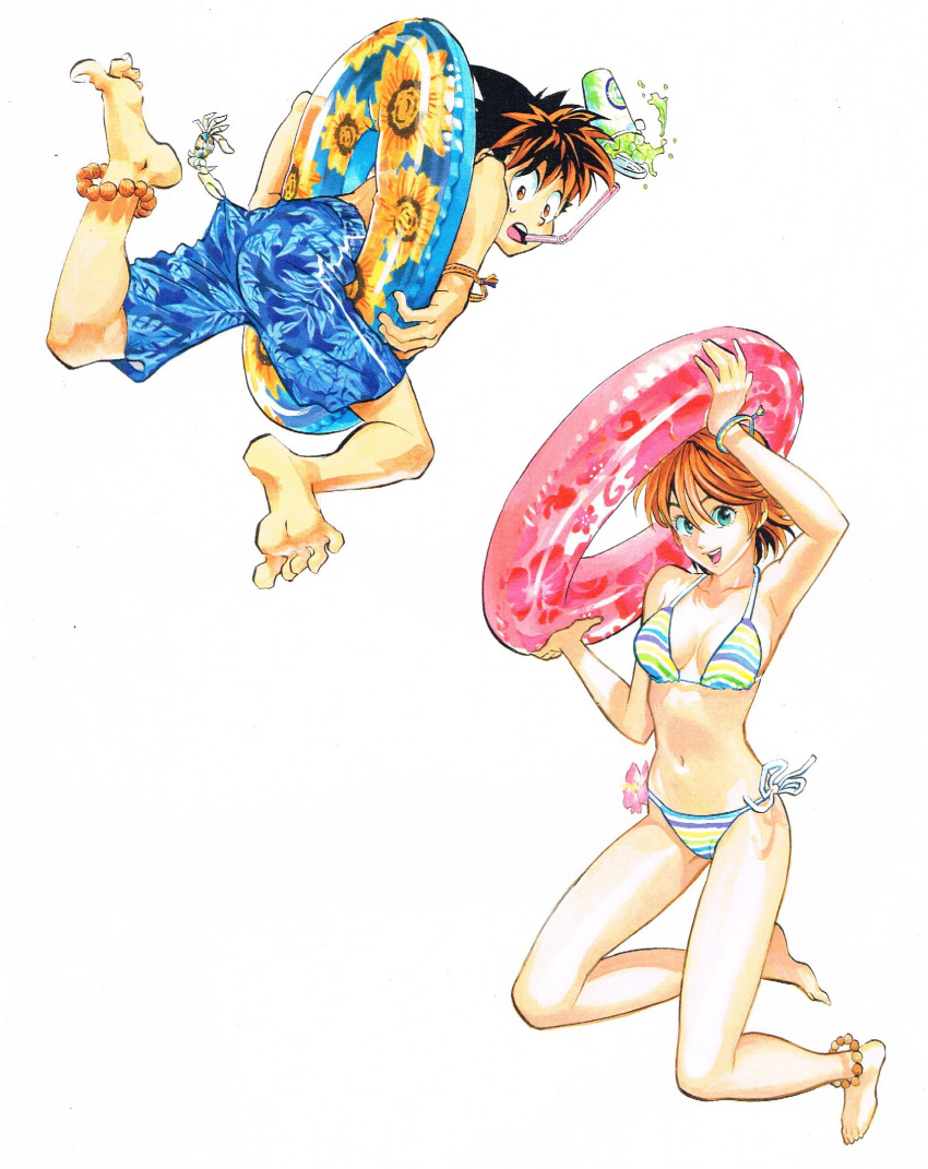 1boy 1girl :d anklet armpits bare_arms bare_legs bare_shoulders barefoot bead_anklet bikini blue_eyes bracelet breasts brown_hair character_request cup drinking_straw eyeshield_21 floral_print halterneck hands_up highres holding holding_innertube innertube jewelry jumping kobayakawa_sena looking_at_viewer male_swimwear medium_breasts murata_yuusuke navel official_art open_mouth scan side-tie_bikini simple_background smile spiked_hair striped striped_bikini swim_trunks swimsuit swimwear traditional_media white_background wristband