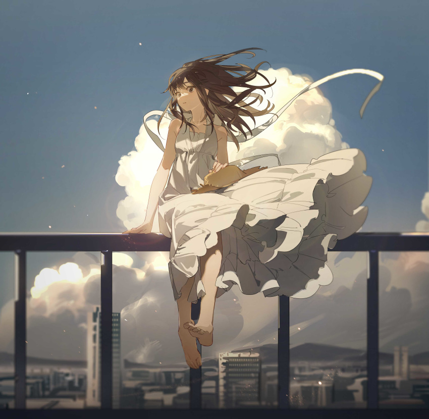 1girl absurdres barrier blue_sky brown_eyes brown_hair cityscape cloud dress hat highres looking_at_viewer original sitting sky sun_hat white_dress wind zhibuji_loom