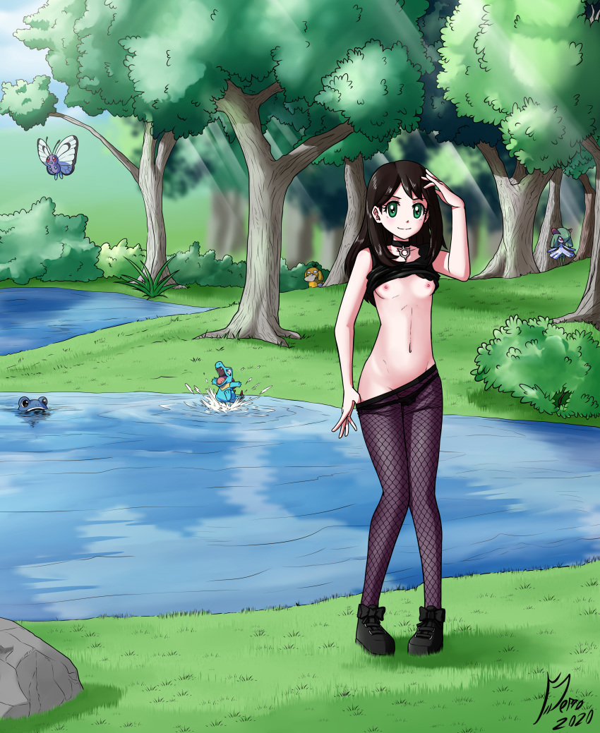 2020 absurd_res anonymous_artist black_hair breasts butterfree clothed clothing detailed_background english_text female footwear forest gloria_(pok&eacute;mon) grass green_eyes hair hi_res human kirlia mammal nintendo pinup plant pok&eacute;mon pok&eacute;mon_(species) poliwhirl pose psyduck rock sea small_breasts smile socks solo text totodile tree video_games water