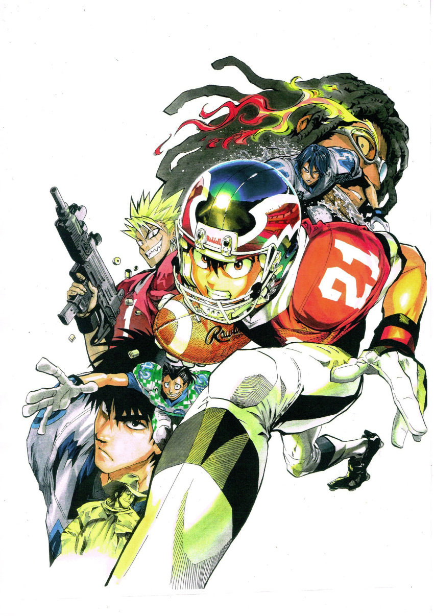 5boys absurdres blonde_hair character_request clenched_teeth eyeshield_21 football football_(object) football_helmet football_uniform gloves goggles grin gun hairlocs helmet highres holding holding_gun holding_weapon kobayakawa_sena looking_at_viewer multiple_boys murata_yuusuke official_art pants projected_inset running sharp_teeth shoulder_pads simple_background smile sportswear submachine_gun teeth teikoku_alexanders weapon white_background white_gloves wide-eyed