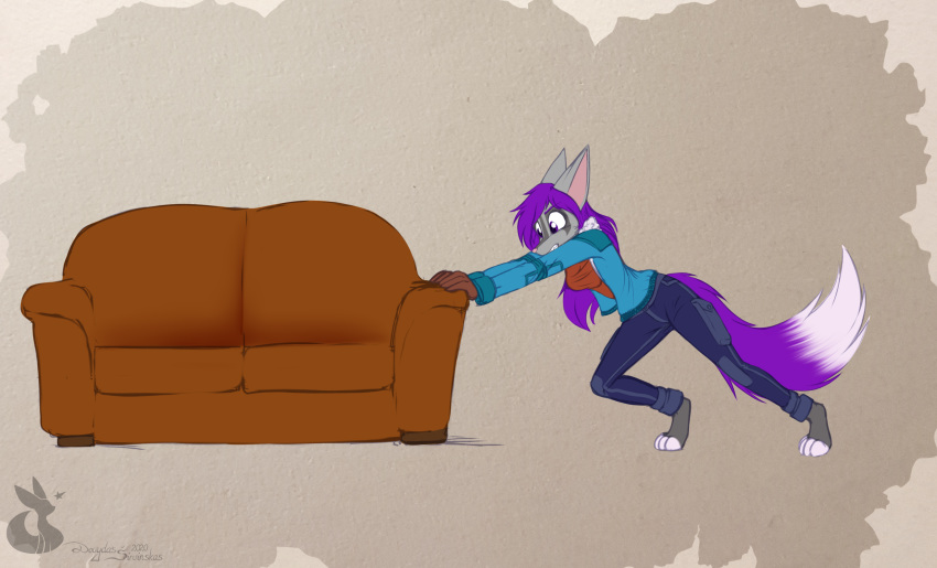 2020 5_fingers anthro breasts canid canine clothed clothing dreamkeepers female fingers fox fur furniture grey_body grey_fur hair hi_res long_hair mammal mancoin miri_rodgers purple_eyes purple_hair simple_background sofa solo the_wayward_astronomer