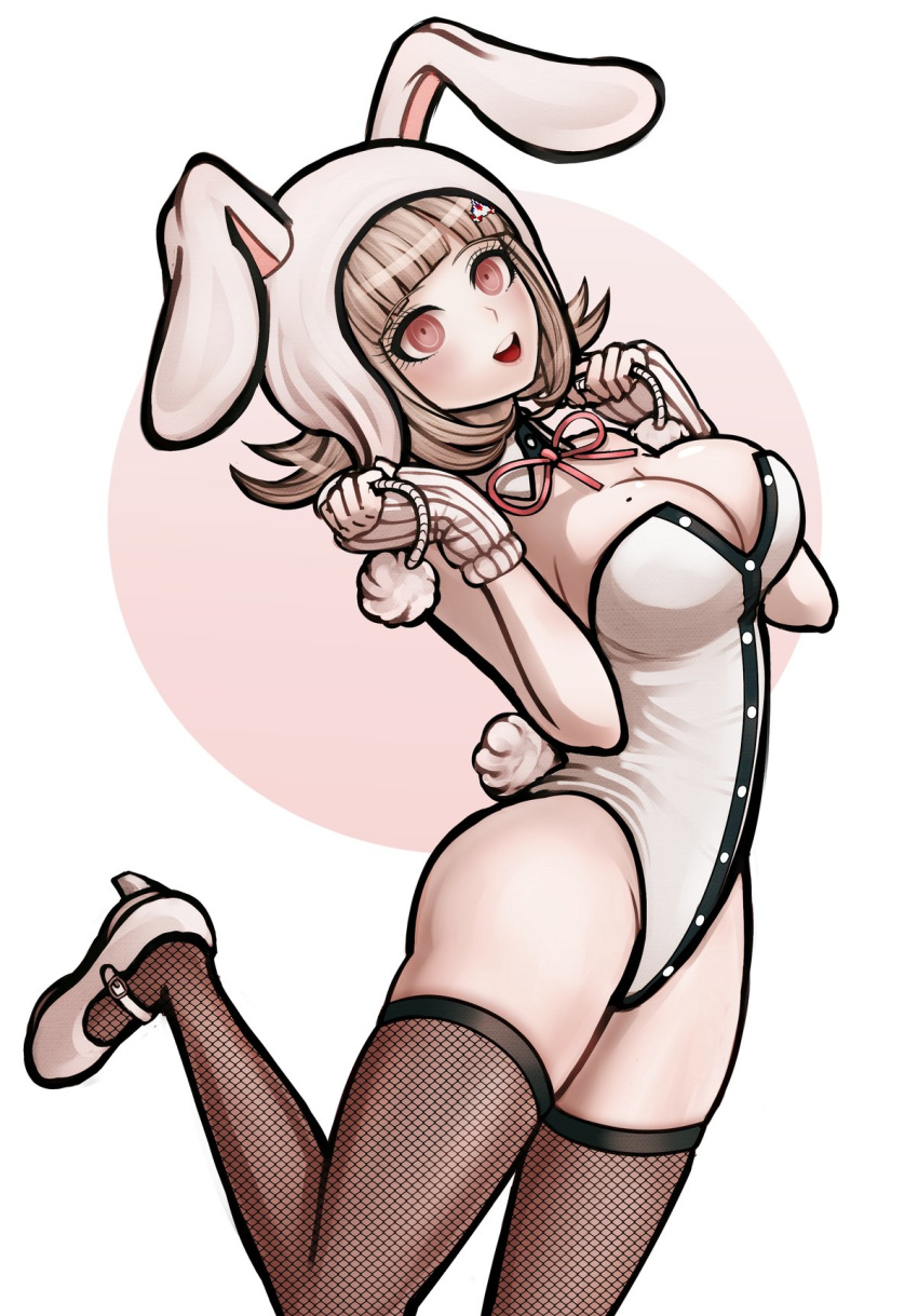 1girl :d animal_ears animal_hood blush breasts bunny_ears bunny_hood bunny_tail commission danganronpa detached_collar fake_animal_ears fake_tail fishnet_legwear fishnets flipped_hair highleg highres hood komatsuzaki_rui_(style) ktokei large_breasts leg_up leotard lipstick looking_at_viewer makeup mole mole_on_breast nanami_chiaki neck_ribbon official_style open_mouth parody pink_eyes pink_hair playboy_bunny ribbon short_hair smile solo strapless strapless_leotard super_danganronpa_2 tail thighhighs upper_teeth