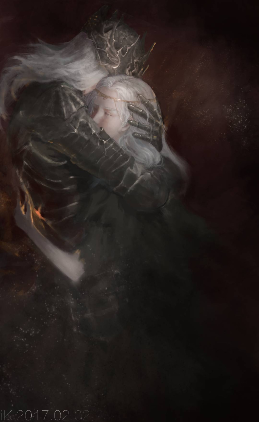 2boys armor brothers closed_eyes dark_souls gauntlets highres hug iskidding lorian_(elder_prince) lothric_(younger_prince) multiple_boys siblings souls_(from_software) white_hair