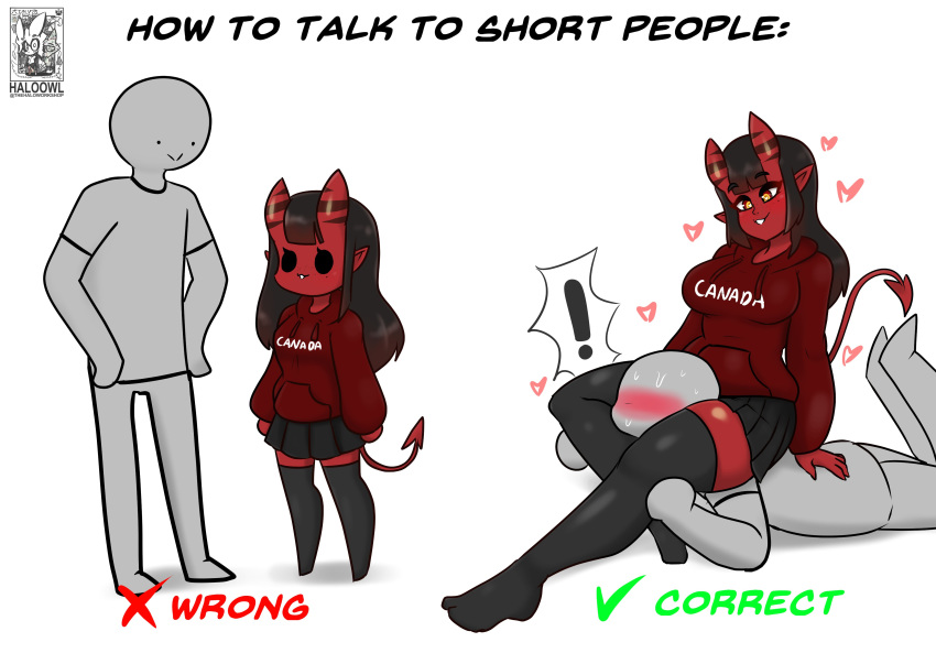 ! absurd_res asphyxiation blush bodily_fluids bottomwear clothing demon demon_humanoid duo english_text female halotroll hi_res human humanoid larger_male legwear male male/female mammal meru_(merunyaa) not_furry red_body simple_background size_difference skirt smaller_female sweat text thigh_highs white_background