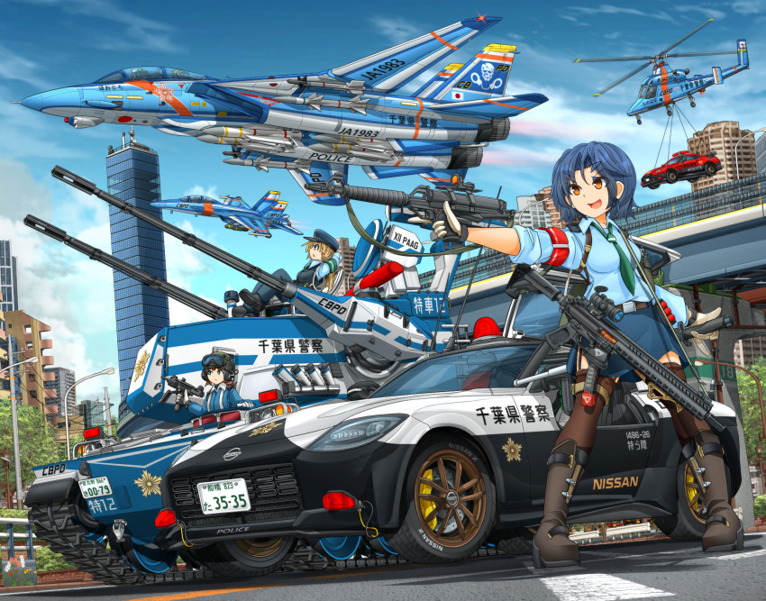 1girl 5others aiguillette aircraft airplane armband assault_rifle bangs baton belt black_belt black_footwear black_hair black_headwear black_legwear black_skirt blonde_hair blue_eyes blue_hair blue_jumpsuit blue_pants blue_shirt blue_sky boots building city cloud cloudy_sky collared_shirt commentary_request crossed_legs day emblem eyebrows_visible_through_hair f-14_tomcat fighter_jet garters gloves goggles goggles_on_headwear green_neckwear ground_vehicle gun hat helicopter highres holding holding_gun holding_weapon holster japanese_flag japanese_national_police_agency_(emblem) jet lamppost leaning_back looking_to_the_side mikeran_(mikelan) military military_vehicle miniskirt motor_vehicle multiple_others necktie nissan nissan_fairlady open_mouth orange_eyes original outdoors pants partial_commentary peaked_cap pilot police police_hat police_uniform policewoman power_lines rifle roundel scope shadow shirt shoes short_hair shoulder_holster side_slit sitting skirt sky sleeves_rolled_up smile solo standing submachine_gun tank tank_helmet thigh_strap thighhighs trigger_discipline type_87_self-propelled_anti_aircraft_gun uniform v-shaped_eyebrows vehicle_request weapon weapon_request white_gloves