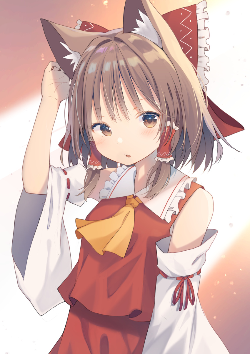 1girl animal_ear_fluff animal_ears ascot bangs bow brown_eyes brown_hair cat_ears collared_shirt commentary detached_sleeves frilled_bow frilled_shirt_collar frills hair_bow hair_tubes hakurei_reimu hand_on_ear highres kemonomimi_mode light_blush long_hair looking_at_viewer mamemochi medium_hair nontraditional_miko open_mouth red_bow red_shirt red_skirt ribbon-trimmed_sleeves ribbon_trim shirt sidelocks skirt skirt_set sleeveless sleeveless_shirt solo standing touhou upper_body white_sleeves yellow_neckwear