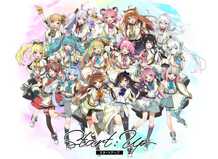 6+girls ahoge amakawa_hano animal_ear_fluff animal_ears annotated aqua_hair aqua_neckwear bangs black_hair blonde_hair blue_eyes blue_hair blue_neckwear brown_hair bunny_ears cat_ears commentary_request cravat crown everyone eyebrows_visible_through_hair green_eyes hairband hanabasami_kyou hat hekina_ail himekuma_ribon idenshi_hina idol_clothes inuki_matoi inumochi_tirol izumo_meguru kazami_mikan koto_miyuri kurone_yomi leg_garter long_hair marumochi_tsukimi mini_crown mizugame_mia mouse_ears multicolored_hair multiple_girls navel necktie official_art one_eye_closed orange_hair orange_neckwear pink_hair purple_eyes qualia_qu re:act red_eyes red_neckwear shirane_yuki shishigami_leona short_hair silver_hair single_thighhigh striped striped_legwear thigh_strap thighhighs usami_yuno v vertical-striped_legwear vertical_stripes virtual_youtuber white_hair white_headwear yellow_eyes yellow_neckwear yumekawa_kanau