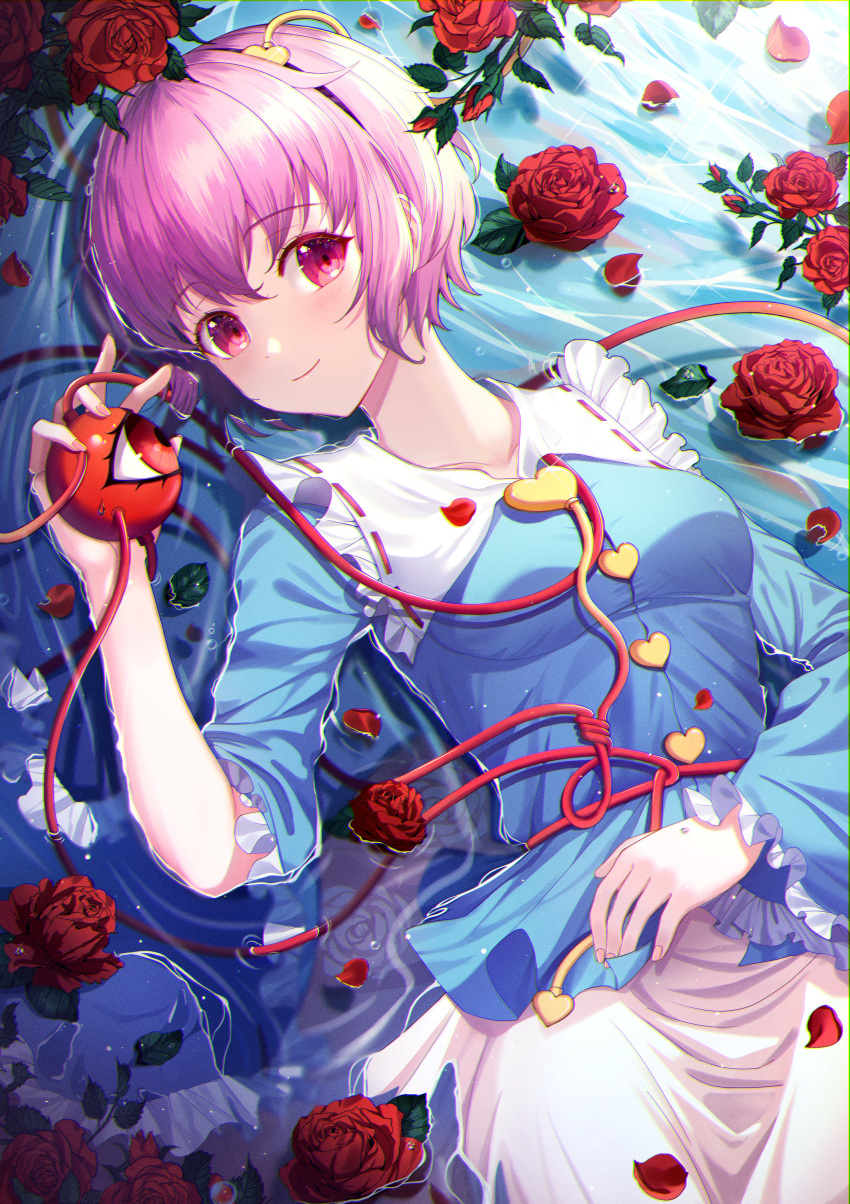 1girl absurdres arm_up blue_shirt commentary cowboy_shot eyebrows_visible_through_hair flower flower_on_liquid frilled_shirt_collar frills from_above hair_ornament hairband hand_on_own_stomach heart heart_hair_ornament highres holding in_water komeiji_satori light_smile long_sleeves looking_at_viewer lying on_back partially_submerged petals pink_eyes pink_hair pink_skirt red_flower red_rose rose sake_(msotome_art) shirt short_hair skirt solo third_eye touhou wide_sleeves