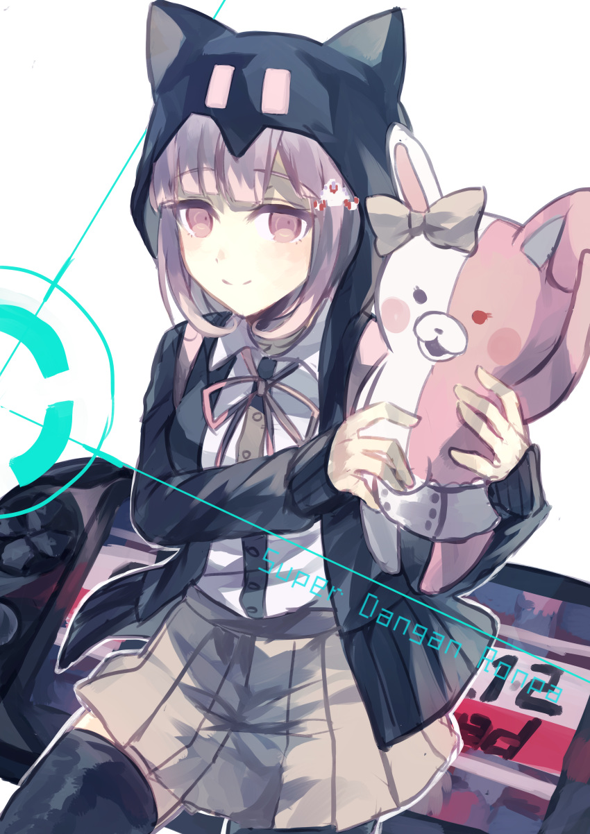 1girl absurdres animal_ears animal_hood backpack bag bangs beige_skirt black_legwear cat_bag cat_hood collared_shirt commentary copyright_name danganronpa dokoda_no_dareka eyebrows_visible_through_hair fake_animal_ears hair_ornament hairclip handheld_game_console highres holding holding_stuffed_toy hood hood_up hoodie looking_at_viewer monomi_(danganronpa) nanami_chiaki neck_ribbon oversized_object pink_eyes pink_hair pink_ribbon playstation_portable ribbon shirt short_hair skirt sleeves_past_wrists smile solo stuffed_animal stuffed_bunny stuffed_toy super_danganronpa_2 thighhighs white_background white_shirt