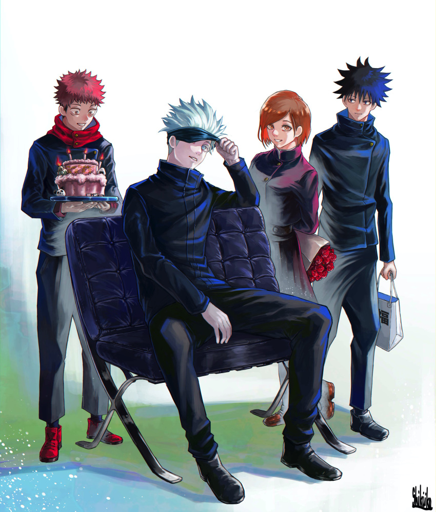 1girl 3boys absurdres bag black_footwear blue_eyes blue_hair bouquet brown_eyes brown_hair cake candle flower food fushiguro_megumi gakuran gojou_satoru highres itadori_yuuji jogo_(jujutsu_kaisen) jujutsu_kaisen jujutsu_tech_uniform kugisaki_nobara long_sleeves multiple_boys panda_(jujutsu_kaisen) pink_hair school_uniform shoes shopping_bag short_hair sitting sneakers spiked_hair teacher_and_student tokishima_sikuka white_footwear white_hair