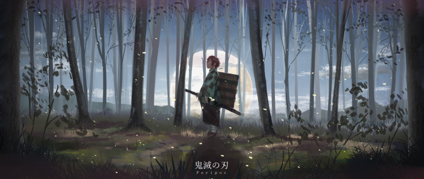 1boy ankle_wrap artist_name black_eyes black_pants box brown_hair checkered couai earrings forest full_body full_moon hakama_pants hanafuda haori highres japanese_clothes jewelry kamado_tanjirou katana kimetsu_no_yaiba long_sleeves male_focus moon nature night outdoors pants plant profile sandals scabbard sheath sheathed smile solo standing sword tabi tree weapon