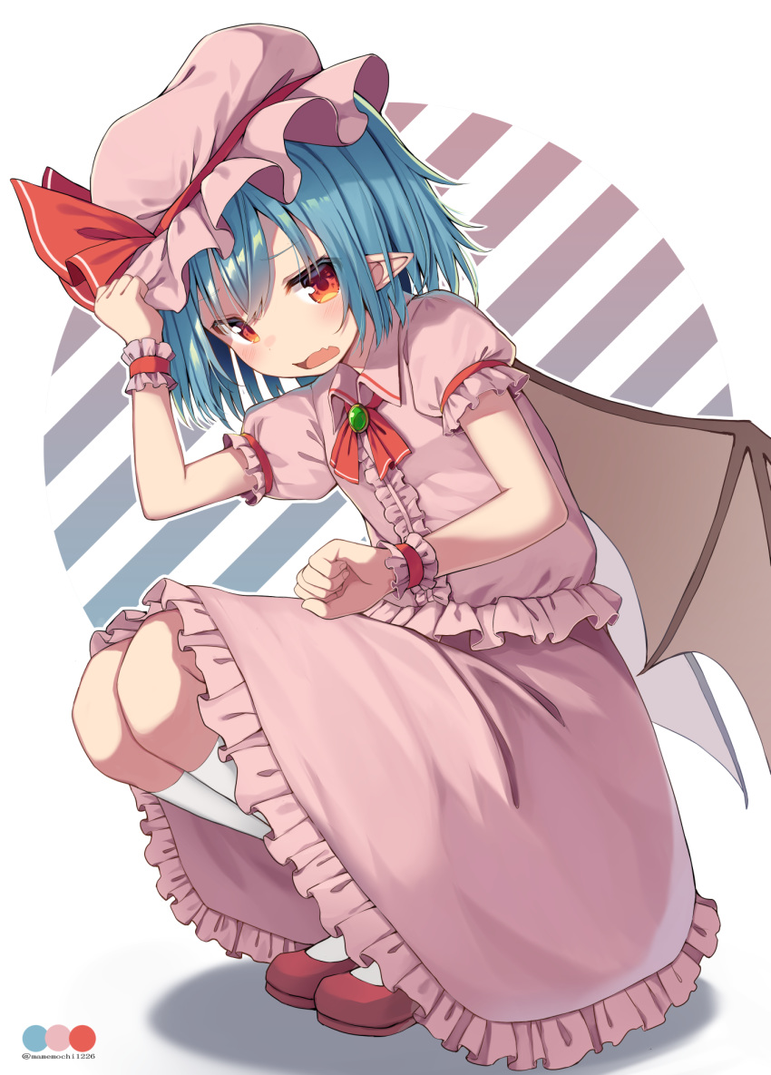 1girl adjusting_clothes adjusting_headwear bangs bat_wings black_wings blue_hair blush brooch collared_dress color_guide commentary cowering fang frilled_cuffs frown hat hat_ribbon highres jewelry kneehighs looking_at_viewer mamemochi medium_dress mob neck_ribbon open_mouth pink_headwear pointy_ears puffy_short_sleeves puffy_sleeves red_eyes red_footwear red_neckwear red_ribbon remilia_scarlet ribbon shoes short_hair short_sleeves skin_fang solo squatting touhou twitter_username uu~ white_legwear wings