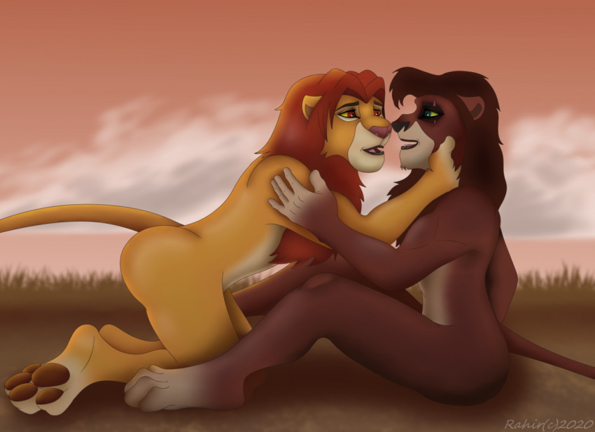 2020 anthro brown_body brown_fur disney duo felid fur green_eyes kneeling kovu lion male mammal mane pantherine pawpads paws rahir_(artist) romantic scar simba sitting the_lion_king