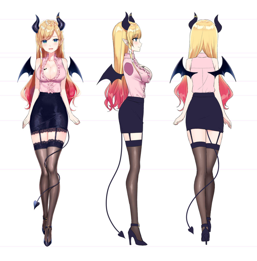 1girl :d bangs black_footwear black_skirt blonde_hair blush breasts brown_legwear character_sheet cleavage coat collarbone demon_girl demon_horns demon_tail demon_wings eyebrows_visible_through_hair frilled_shirt frills full_body garter_straps green_eyes hand_up high_heels highres hololive horns lace_trim large_breasts long_hair long_legs long_sleeves looking_at_viewer masuishi_kinoto miniskirt multicolored_hair multiple_views official_art open_clothes open_coat open_mouth pencil_skirt pink_shirt pointy_ears shiny shiny_hair shirt sidelocks skirt sleeves_past_wrists smile solo standing strappy_heels swept_bangs tail tattoo thighhighs virtual_youtuber white_background white_coat wing_collar wings yuzuki_choco zettai_ryouiki