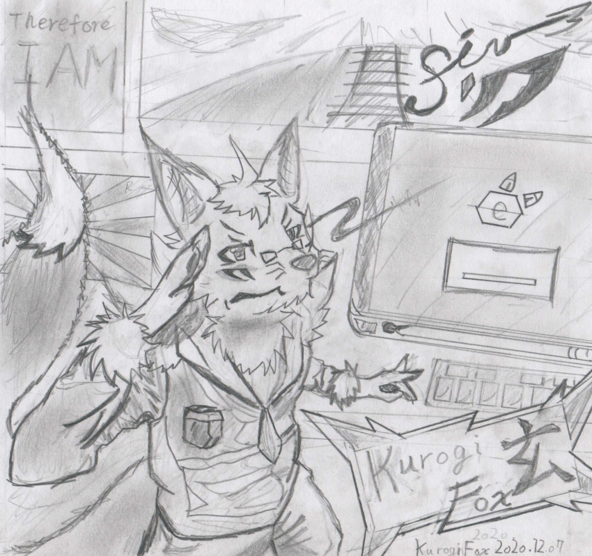 2020 absurd_res anthro black_nose canid canine clothed clothing e621 fox fur gesture graphite_(artwork) hi_res kurogi_fox_siv looking_at_viewer male mammal pencil_(artwork) salute solo traditional_media_(artwork)