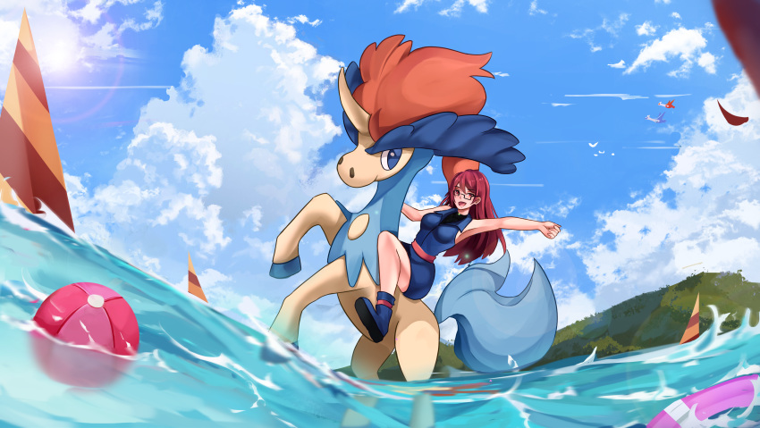 absurd_res ball beach beach_ball clothed clothing cloud cloudscape duo exellart female feral floatation_device floaty grass hair hi_res human keldeo keldeo_(ordinary_form) latias latios legendary_pok&eacute;mon male mammal mega_stone nintendo on_hind_legs pok&eacute;mon pok&eacute;mon_(species) red_eyes red_hair riding rissy sailing_watercraft sea seaside sky sun trainer_iris vehicle video_games water watercraft