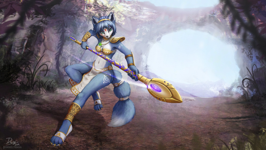2020 absurd_res accessory action_pose anthro blue_body blue_fur blue_hair bottomwear breasts canid canine claws clothing danakira detailed_background dipstick_tail female footwear fox fur green_eyes hair hair_accessory hairband hi_res jewelry krystal krystal's_staff loincloth mammal markings multicolored_tail navel necklace nintendo plant pose sandals shoulder_pads signature solo staff star_fox tailband tribal_markings video_games weapon