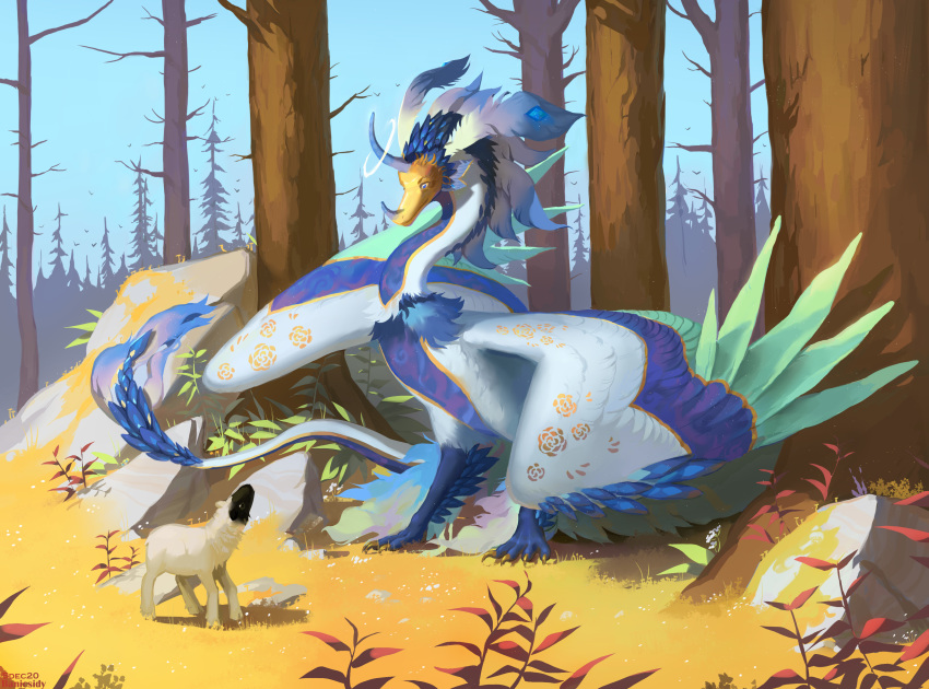 2020 absurd_res banicsidy bovid caprine day detailed_background deuo digital_media_(artwork) dragon feathered_dragon feathered_wings feathers feral forest grass hi_res horn mammal outside sheep sky smile tree wings wyvern