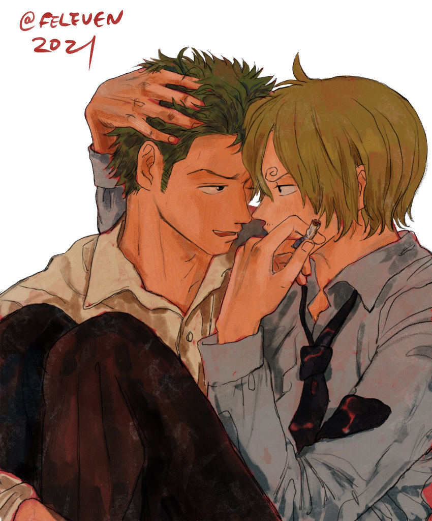 2021 2boys blonde_hair feleven forehead-to-forehead green_hair hand_in_another's_hair heads_together highres long_sleeves male_focus multiple_boys necktie one_piece roronoa_zoro sanji short_hair smile twitter_username white_background yaoi