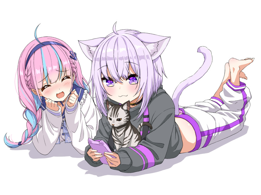 2girls :3 absurdres ahoge animal_ear_fluff animal_ears asanaya barefoot black_shirt blue_hair blush braid cardigan cat cat_ears cat_tail cellphone clenched_hands closed_eyes clothing_cutout collar feet hairband hand_to_own_mouth highres hololive legs_up long_hair lying midriff minato_aqua multicolored_hair multiple_girls nekomata_okayu on_stomach open_mouth panties pants panty_peek phone pink_hair pink_panties purple_eyes purple_hair shirt short_hair simple_background smartphone smile soles tail tail_cutout temari toes twin_braids twintails two-tone_hair underwear virtual_youtuber white_background white_cardigan white_pants