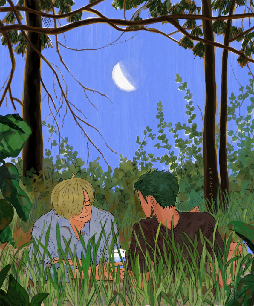 2boys blonde_hair closed_eyes commentary crescent_moon cup drinking_glass facial_hair feleven forest green_hair highres looking_at_another lying moon multiple_boys nature on_back on_stomach one_piece roronoa_zoro sanji short_hair smile symbol-only_commentary tree