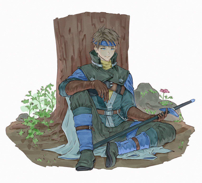 1boy 45liza109 absurdres blue_eyes blue_headband brown_gloves brown_hair cape closed_mouth flik flower gensou_suikoden gloves grass headband highres holding holding_sheath holding_sword holding_weapon huge_filesize male_focus outdoors pink_flower rock scabbard sheath sheathed sitting smile solo sword tree weapon