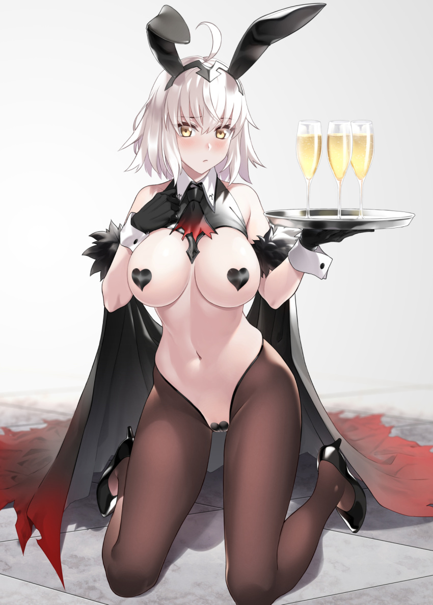 1girl ahoge alcohol animal_ears bangs bare_shoulders black_footwear black_gloves blush bow bowtie breasts brown_legwear bunny_ears bunny_girl bunny_tail champagne commentary_request covered_nipples cup detached_collar drinking_glass eyebrows_visible_through_hair fake_animal_ears fake_tail fate/grand_order fate_(series) gloves heart_pasties high_heels highres holding holding_tray jeanne_d'arc_(alter)_(fate) jeanne_d'arc_(fate)_(all) kneeling large_breasts long_hair looking_at_viewer maebari meme_attire navel pasties playboy_bunny prime revealing_clothes reverse_bunnysuit reverse_outfit silver_hair solo tail tray wrist_cuffs yellow_eyes