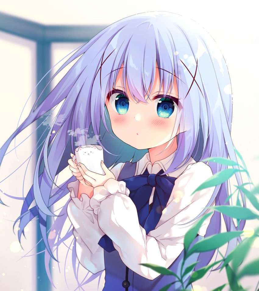 1girl bangs blue_bow blue_eyes blue_hair blue_vest blurry blurry_background blush bow collared_shirt commentary_request cup depth_of_field eyebrows_visible_through_hair gochuumon_wa_usagi_desu_ka? hair_between_eyes hair_ornament hands_up highres holding holding_cup izumiyuhina kafuu_chino long_hair looking_at_viewer parted_lips rabbit_house_uniform shirt solo uniform upper_body very_long_hair vest waitress white_shirt x_hair_ornament